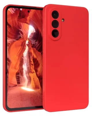A red smartphone case is shown with a canyon landscape as the wallpaper on the phone screen.