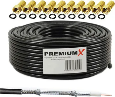 Produktbild von PremiumX 50m BASIC Koaxialkabel schwarz 135dB 4-fach geschirmt CCS SAT TV Koax Antennenkabel Satelliten-Kabel 10x F-Stecker