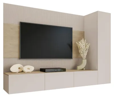 Produktbild von MIRJAN24 Wohnwand Deromi VI, Wohnzimmer Möbel Set, Griffloses Öffnungssystem push to open, 3er-Set (Farbe: Sandbeige / Sandbeige + Eiche Cremona)