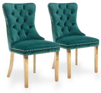 Image de Ensemble de deux chaises de salle à manger en velours, avec un dossier haut et une structure en bois d'hévéa finition dorée, couleur verte