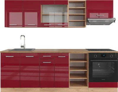Obrázek produktu pro Kuchyňský kout Vicco R-Line Červený/zlatý dub s vysokým leskem 240 cm bez pracovní desky, Model 37684