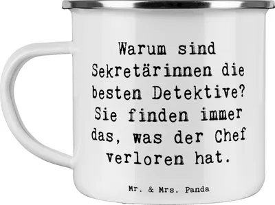 Produktbild von Mr. & Mrs. Panda Kaffeepott Spruch Sekretärin Detektiv - Weiß - Geschenk, Ordnungssinn, Geschenke mit Herz, Beruf, Berufsalltag, Teetasse, Emaille Becher, Tasse, Pott