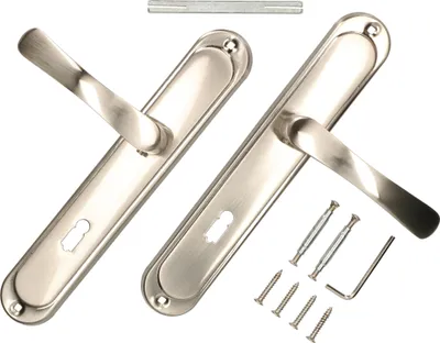 A pair of satin nickel door handles with mounting hardware.