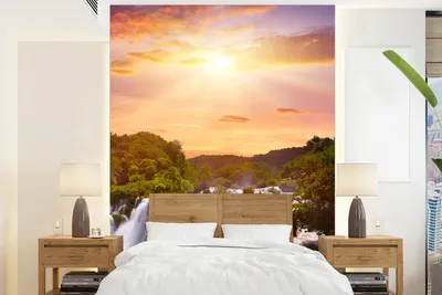 Produktbild von MuchoWow® Fototapete für Wohnzimmer oder Schlafzimmer Wandtapete Vinyl Motivtapete Wasserfall - Landschaft - Sonne - Wolken - Sonnenuntergang - 190x260 cm - Papiertapete