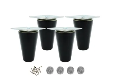 Four black furniture legs with silver mounting plates are arranged on a white background, along with screws and felt pads.