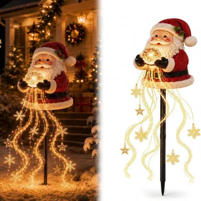 Produktbild von Weihnachtsmann Solar-Gartenstecker, warmes Licht, Leuchtkugel, Lichtstränge, Sterne & Schneeflocken, kabellos, wasserfest, 80cm, Weihnachtsdeko