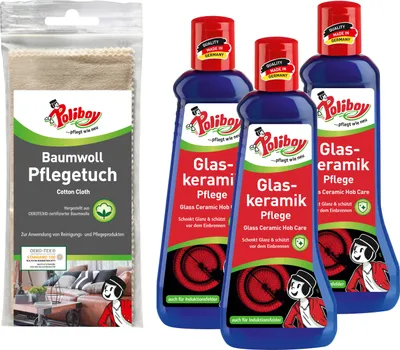 Produktbild von Poliboy Glaskeramik Pflege - 3x200ml - mit Einbrennschutz - Kochfeldreiniger für Glaskeramik - Mit Baumwolltuch - 99A4501