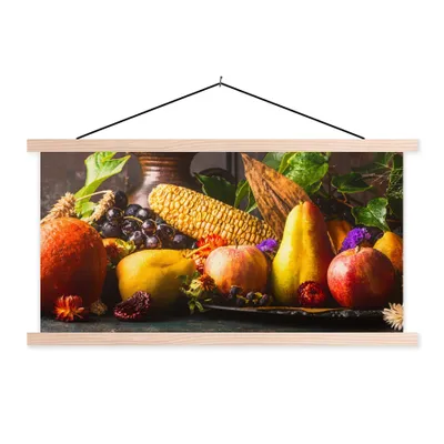 Produktbild von MuchoWow® Textilposter Gemüse - Obst - Rustikal - Tisch 120x60 cm mit holzfarbenen Rahmen - Klemmleiste