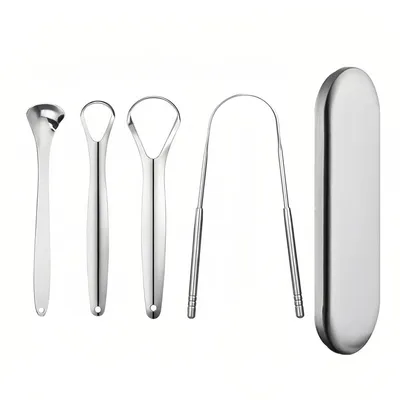 Produktbild von Zungenreinigeraufsatz Edelstahl-Zungenreiniger Set, 4 Zungenschaber gegen Mundgeruch wiederverwendbar & ideal für die tägliche Mundhygiene