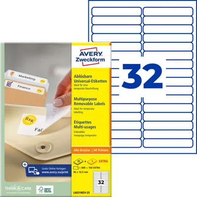 Produktbild von Avery Zweckform L6031REV-25, Universal-Etiketten, ablösbar, A4, 96 x 16,9 mm, 960 Etiketten / 30 Bögen, weiß
