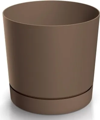 A brown plant pot with a saucer on a white background.