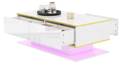 Image de Table basse, bande lumineuse LED USB, 3 tiroirs, blanc et doré
