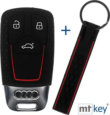 Produktbild von Auto Schlüssel Silikon Schutz Hülle + Schlüsselband im Wabe Design Schwarz Kompatibel mit Audi A4 A5 A6 A7 TT Q2 Q5 Q7 A8 Q8 3 Tasten KEYLESS SMARTKEY
