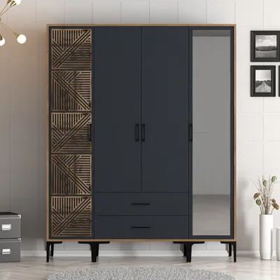 Obrázek produktu pro Skye Decor, Kumsal PTR - ořech, antracit, šatní skříň, ořech, 100 % MELAMÍNEM POVLÁKNĚNÁ DESKA, 160 x 201,4 x 47,5 cm