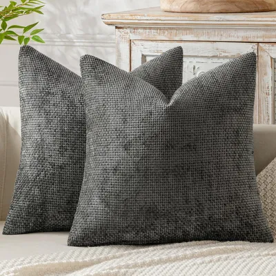 Produktbild von Set mit 2 Kissenbezügen 40x40 cm, Chenille, Dunkelgrau, Sofakissen, Dekokissen, Kissenbezüge, Zierkissen