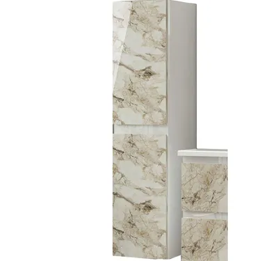 A tall, narrow cabinet with a marble-like pattern on its doors, set against a white background.