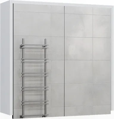 A bathroom cabinet with a towel rack mounted on a tiled wall.