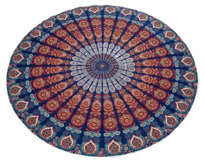 Productafbeelding van Elzusha - Rond Indiaas Mandala Doek - Bedsprei, Picknick- & Stranddeken - Blauw/Oranje Katoen