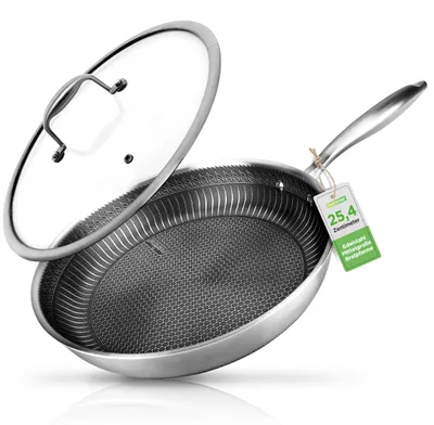 Image de Poêle en acier inoxydable NutriChef, 25 cm, avec couvercle – Poêle antiadhésive, compatible induction, résistante aux rayures