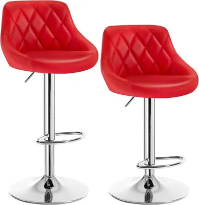 Two red bar stools on a white background.