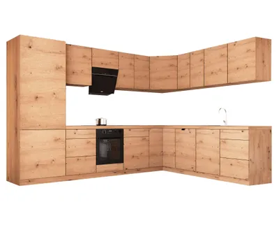 Produktbild von Winkelküche 320 x 260 cm mit Kühlumbauschrank L-Küche Einbauküche Herdumbauschrank Küchenblock Ohne Arbeitsplatte, Langen KL14-M320,Artisan Eiche