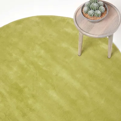 A round green rug with a small wooden side table and a potted cactus on it.