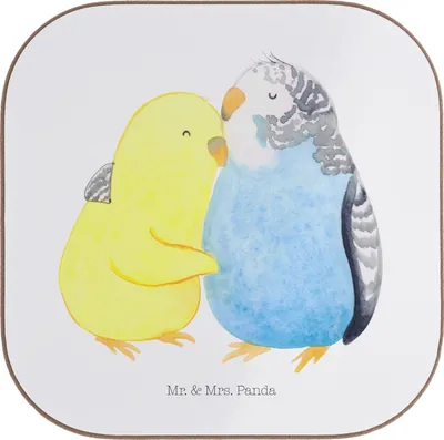 Produktbild von Mr. & Mrs. Panda Holzuntersetzer Wellensittich Liebe - Weiß - Geschenk, Untersetzer Gläser, glücklich, Verknallt, Tischschoner, Freundin, für, Glas, Coaster, Umarmen