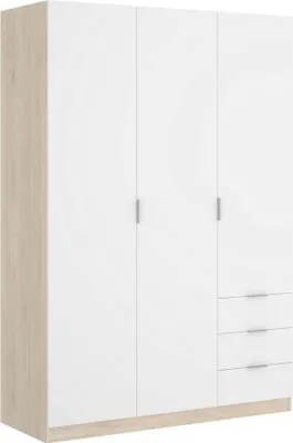 Produktbild von Kleiderschrank Dbarro, Garderobe für Schlafzimmer, Kleiderschrank mit 3 Flügeltüren und 3 Schubladen, 121x52h184 cm, Weiß und Eiche