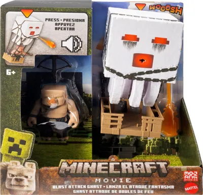 The image shows the packaging of a Minecraft action figure set, featuring a Ghast with a fire attack, a Piglin warrior, and other accessories.