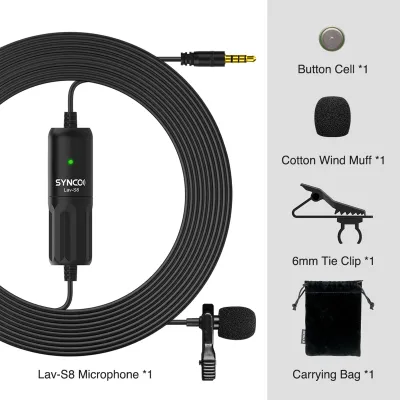 Image de SYNCO Lav-S8 Microphone Lavalier professionnel, micro-cravate omnidirectionnel enfichable, réduction du bruit, couplage automatique, câble de 8 m pour appareil photo DSLR, smartphone, PC, enregistrement vidéo, vlogging, interview, réunion en ligne, enseignement