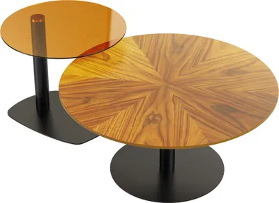 Two round coffee tables of different sizes and materials.