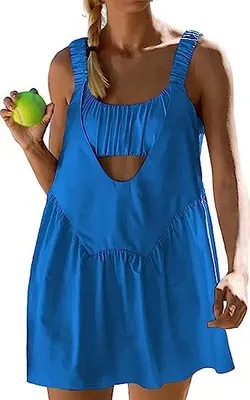 Produktbild von ASKSA Damen Tenniskleid mit BH und Shorts Golf Trainingskleid Sport Ärmellos Tank Mini Tennis Dress, Blau, 2XL
