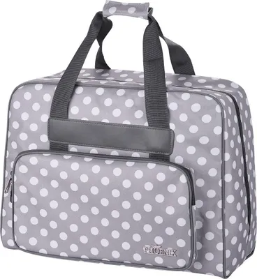 A gray polka dot sewing machine bag is shown against a white background.