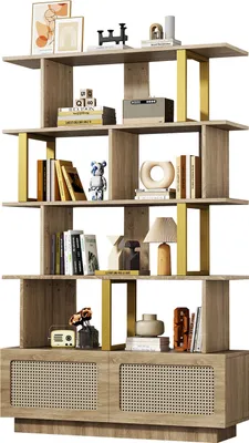 Produktbild von Bücherregal mit Rattantüren und Sicherheitsvorrichtung Offene Einlegeböden, Modernes Bücherregal,Leiterregal,Holz/Metall-Kombination, 105x31,7x160 cm