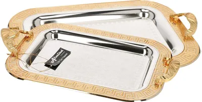 Immagine prodotto di set di 2 vassoi da portata in acciaio inossidabile 18/10 di alta qualità - la funzionalità incontra l'eleganza Motivo 1 argento/oro