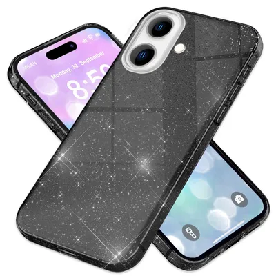 Immagine prodotto di Custodia glitterata NALIA per iPhone 16 – Look scintillante e presa sicura – SHINEPOP (custodia in silicone) – Marchio di Berlino – Nero