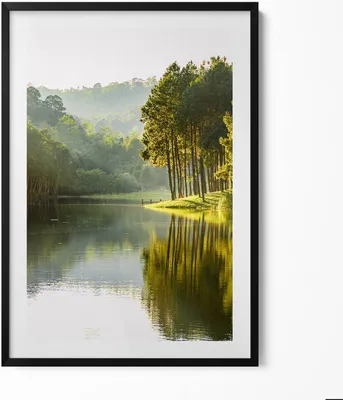 Produktbild von Grüne Flusslandschaft– Wandbild mit Rahmen – Gerahmtes Bild  – Wanddekoration – 70x100 cm –  Schwarz Rahmen