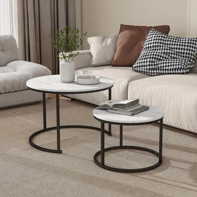 Set von 2 runden Beistelltischen, weiß, Marmoroptik, Metallgestell