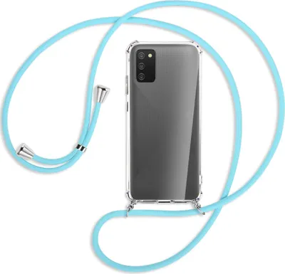 Produktbild von Handykette Backcover-Schutzhülle mit Band (Metall silberfarben) für Samsung Galaxy A02s - himmelblau