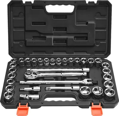 Productafbeelding van Gereedschapset, 33-delig, met doppen en ratel, 12,7 mm aandrijving, zowel SAE als metrische maten, mechanische gereedschapskist met ratelmoersleutel, verlengstuk en opbergkoffer, gemaakt van CR-V gelegeerd staal, geschikt voor autoreparaties