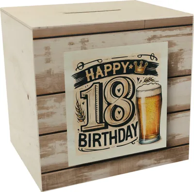 Produktbild von 18. Geburtstag Bier Spardose aus Holz mit Spruch Happy Birthday 18