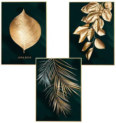 Produktbild von 3er Set Design-Poster Wandbilder, Wald Goldene Blätter Palmblatt, Ohne Rahmen, Wandbild Print Bilder Kunstposter Deko für Wohnzimmer (50 x 70 cm)