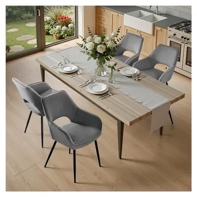 Produktbild von 4er Set Esszimmerstühle Modern, Samtstühle mit Armlehnen für Esszimmer und Wohnzimmer - Grau