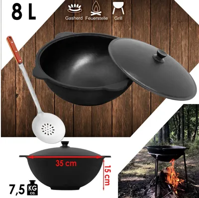 Obrázek produktu pro Litinový Kazan 8L NAMANGAN s plochou poklicí – pevný kempingový hrnec, WOK, BBQ, venkovní kuchyně