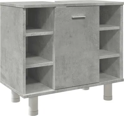 A concrete-effect bathroom cabinet with shelves and a door, shown from the front on a white background.