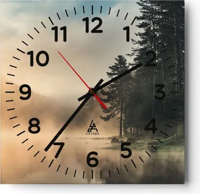 Produktbild von Wanduhr - Quadrat - Glasuhr - Nebel See Wald - 40x40cm - Schleichendes Uhrwerk - Lautlos - zum Aufhängen bereit - Dekoration Modern - Wanddekoration aus Glas - C4AC40x40-4440