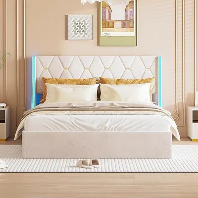 Immagine prodotto di Letto matrimoniale 160x200 con sistema di sollevamento idraulico e contenitore, imbottito, con testiera e rete a listelli. Letto matrimoniale imbottito con sistema di sollevamento idraulico e contenitore. Struttura letto matrimoniale con sistema di sollevamento idraulico e contenitore (beige, modello C, 160x200)
