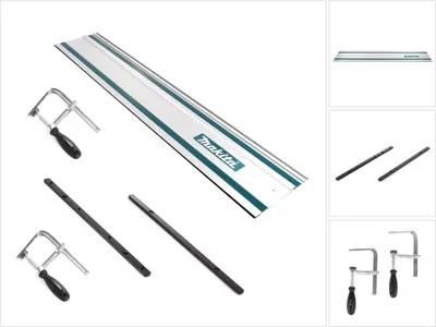 A set of Makita track saw accessories including a guide rail, connectors, and clamps, displayed on a white background.