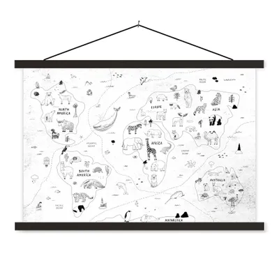 Obrázok produktu pre MuchoWow® Textilný plagát - Mapa sveta - Deti - Biela - Čierna - 90x60cm - S čiernymi lamelami