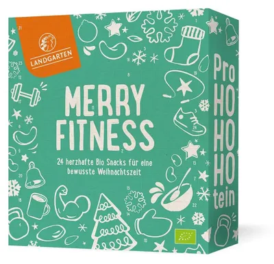 Produktbild von Landgarten Merry Fitness Adventskalender 2026 mit 24 herzhaften Bio-Snacks